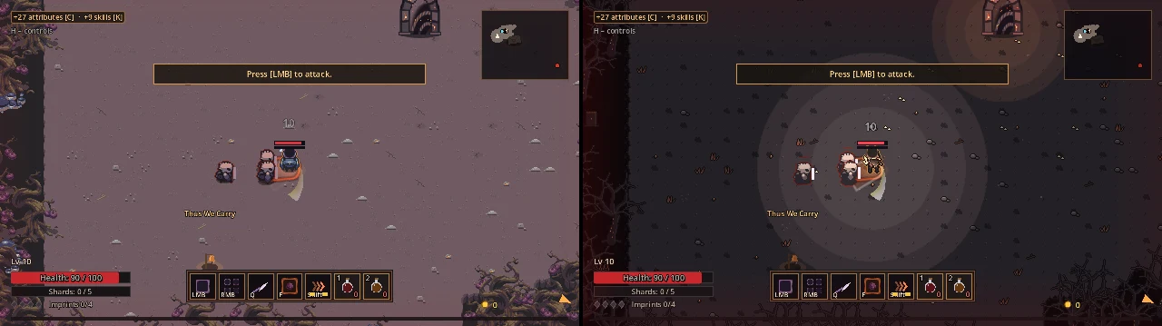 The same forest fight before and after the art update