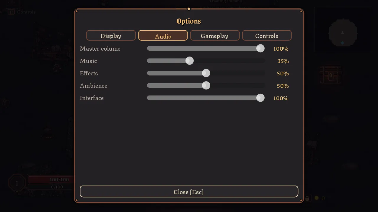 Options window with audio sliders