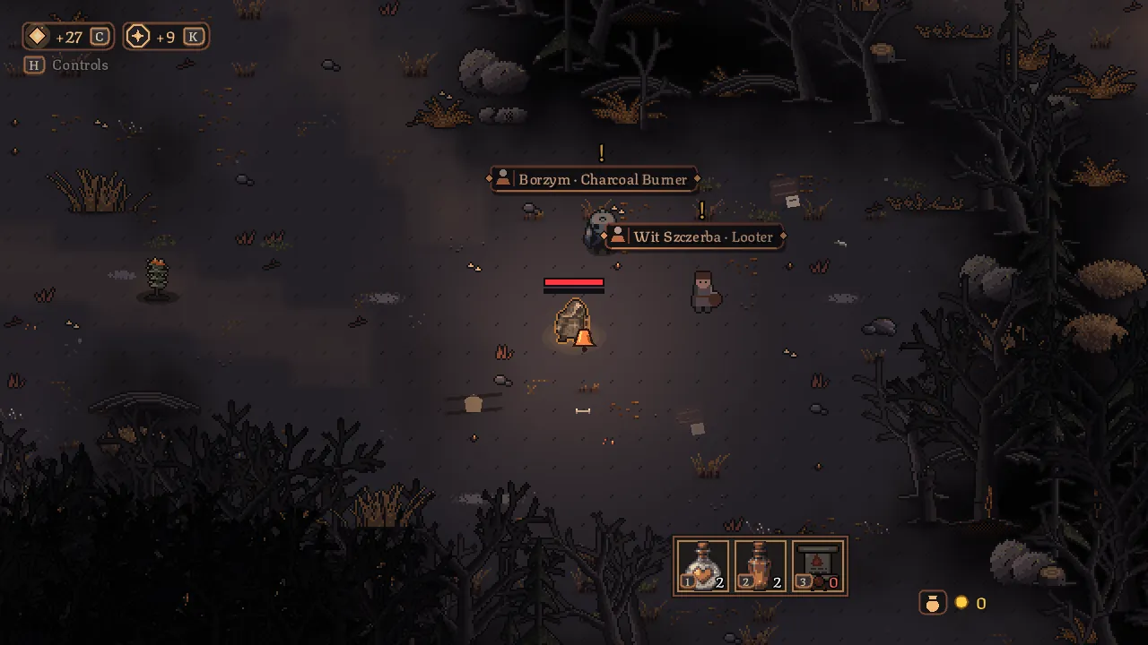 The charcoal burners' camp with two NPCs